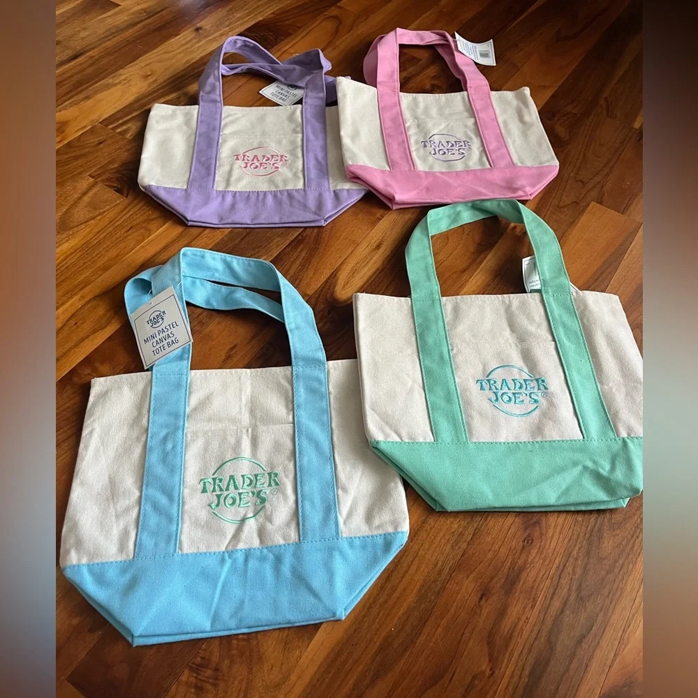 Trader Joe’s Pastel Mini Canvas Tote Bag Set, all 4, NEW